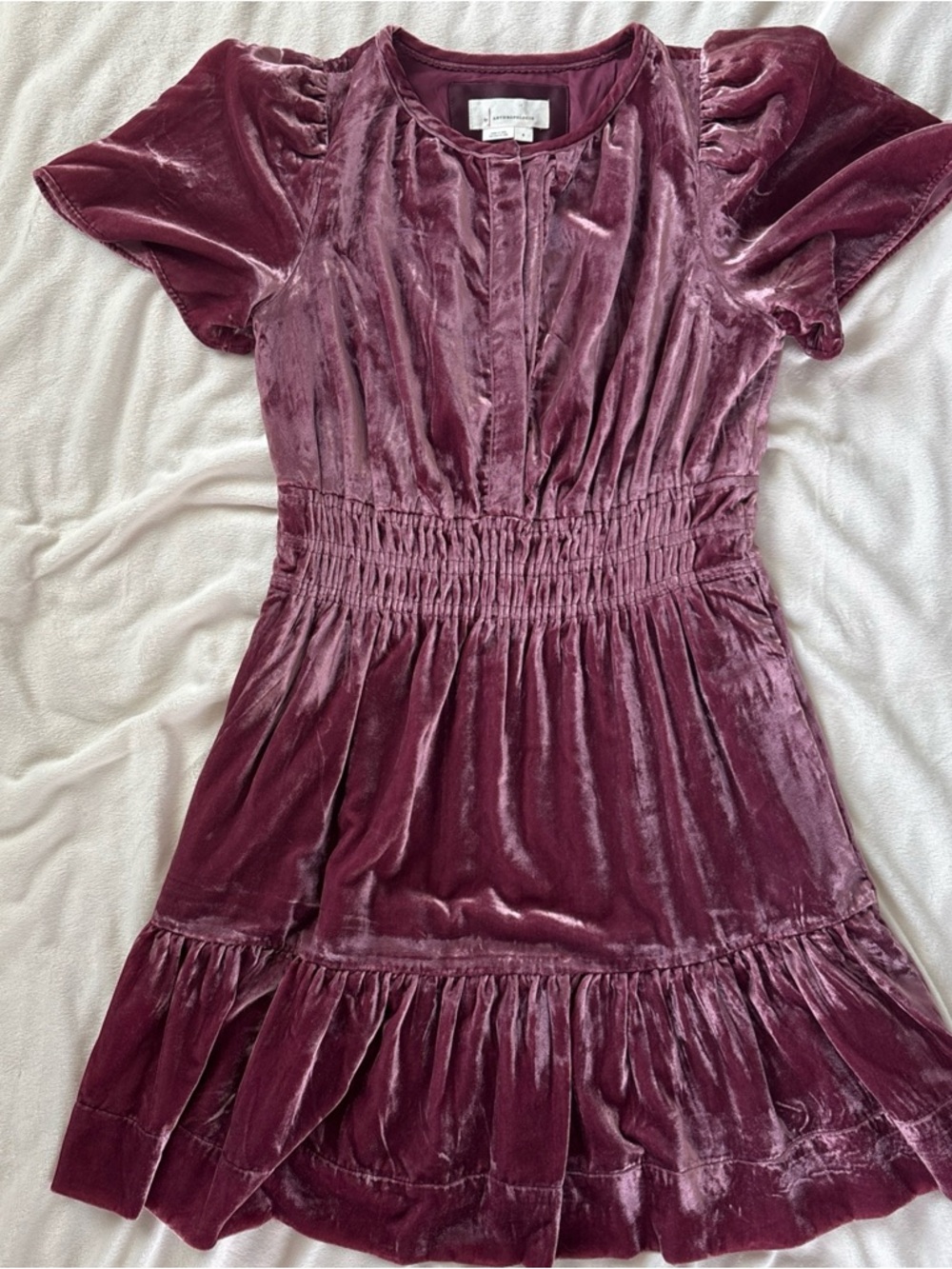 By Anthropologie Small Somerset Velvet Mini Dress Mauve Rose Smocked Tiered